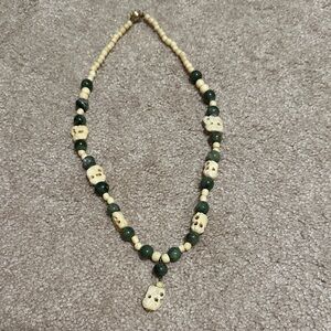 Handcrafted Skull Bead Necklace - Green and Cream